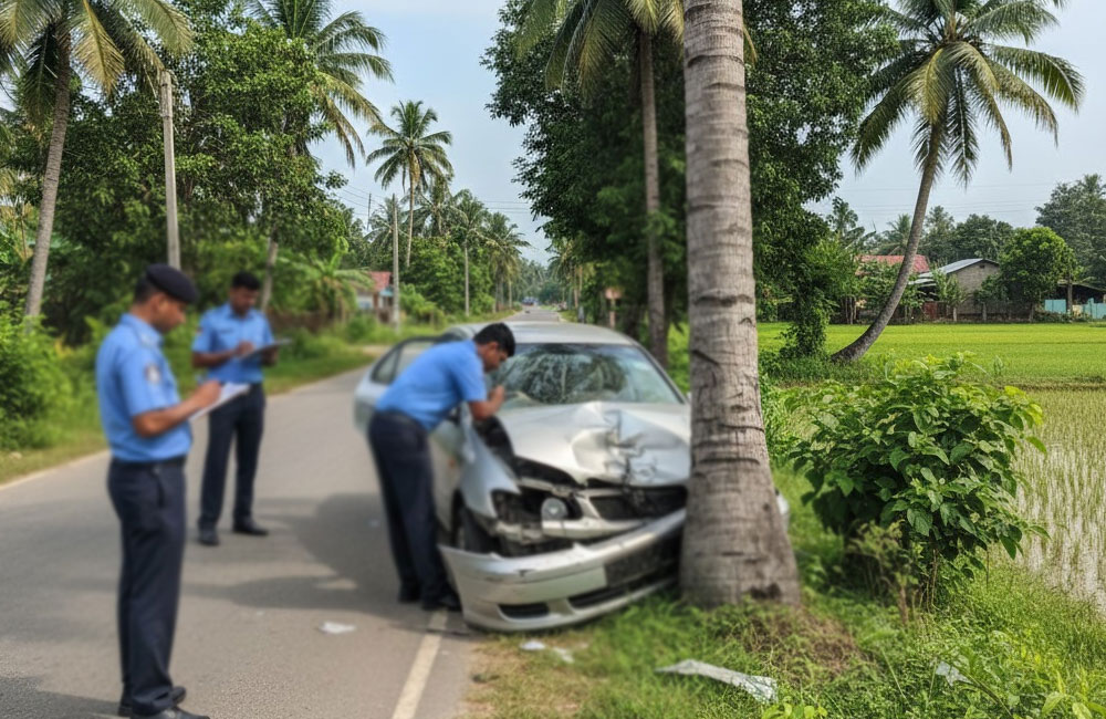 Driver Injured After Car Slams Into Coconut Tree in Ambalantota